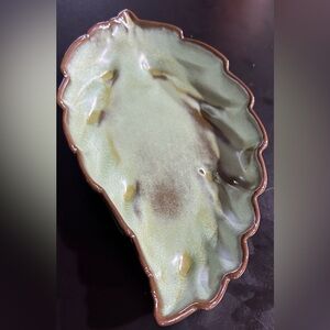 Vintage Frankoma Leaf-Shaped Ceramic dish in Green and Brown